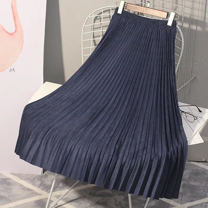 Deerskin Velvet Pleated Skirt Female High-waisted A-line Skirt All-match Big Hem - Blue