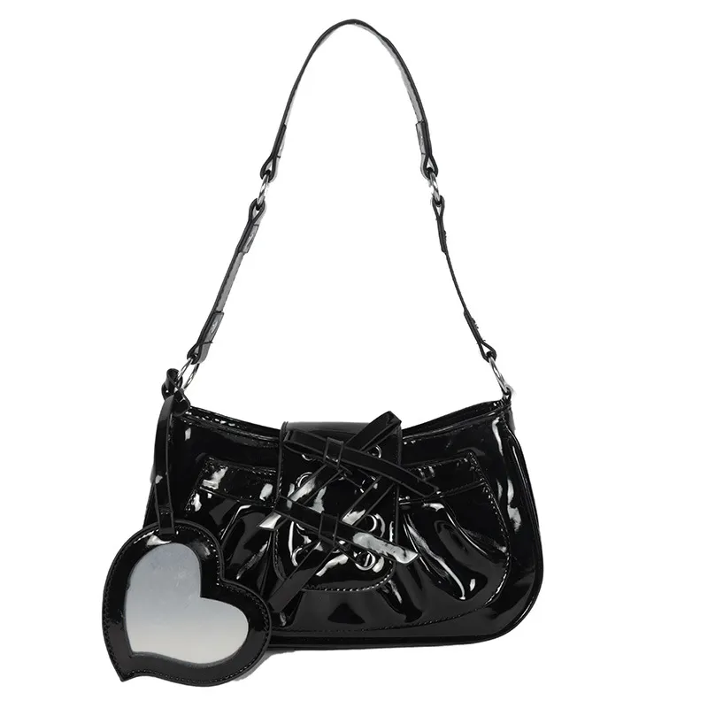 Women's Cute Girl Patent Leather Bow Single Shoulder Bag - Black