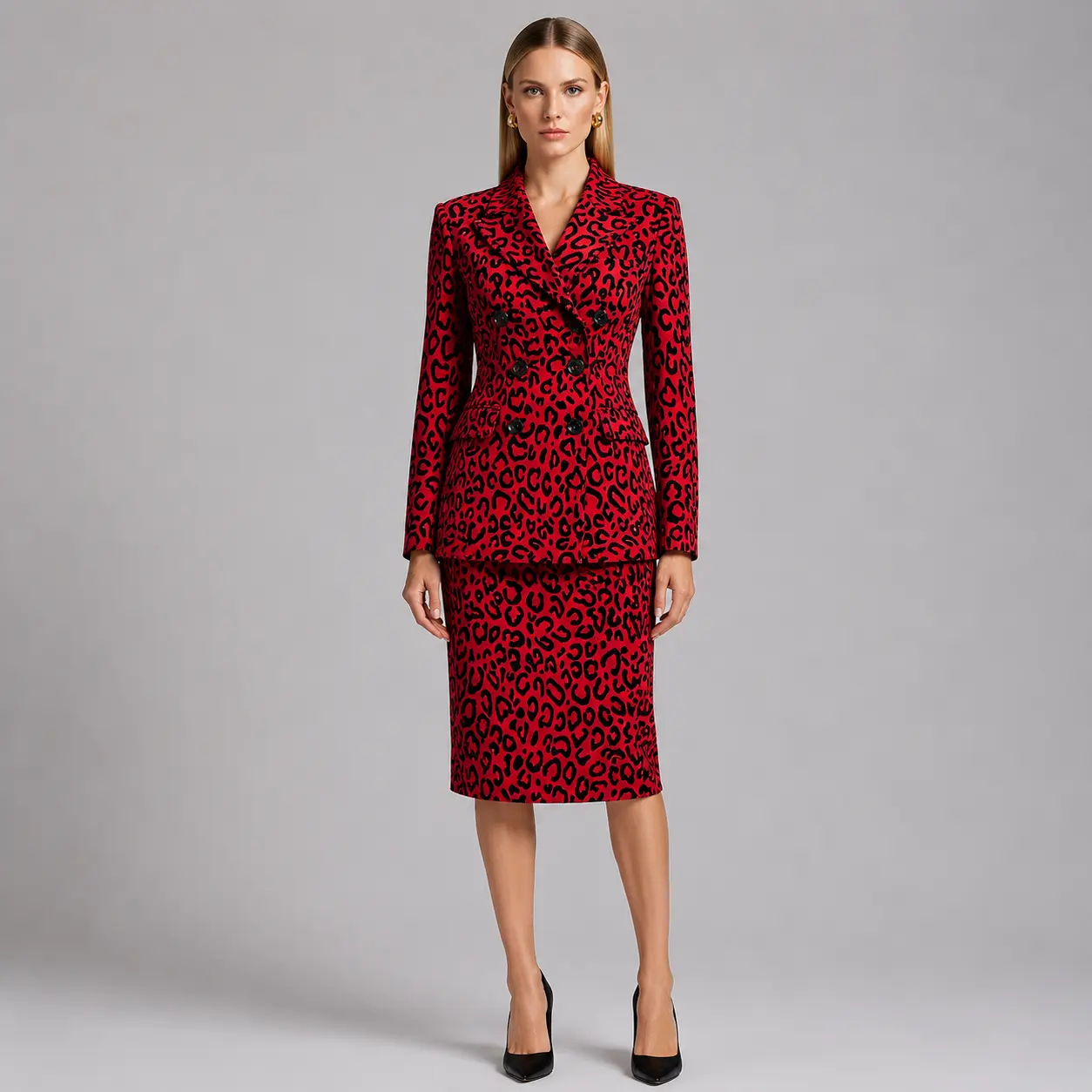 Leopard Print Double Breasted Blazer & Midi