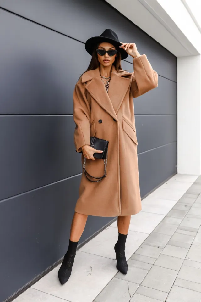 Double breasted Suit Collar Solid Color Long Woolen Outer Khaki - Shop at LoveMi