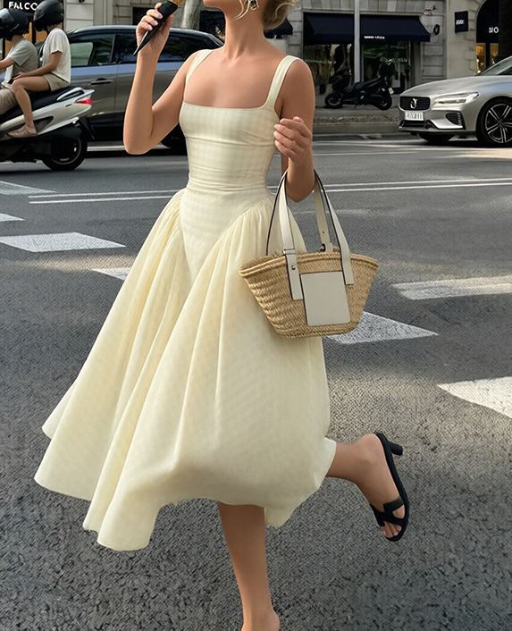 Square Neck Polka Dot Waisted A-Line Midi Dress