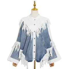 Black And White Stitching Tassel Single-breasted Design Loose Denim Jacket - View 1