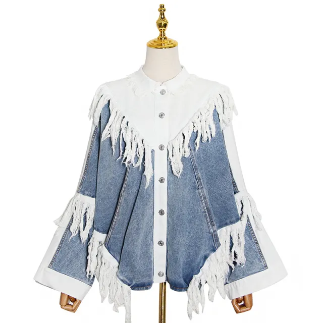 Black And White Stitching Tassel Single breasted Design Loose Denim Jacket - Shop at LoveMi