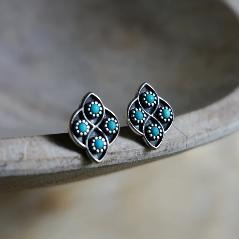 Vintage Turquoise Stud Earrings Flower Diamond