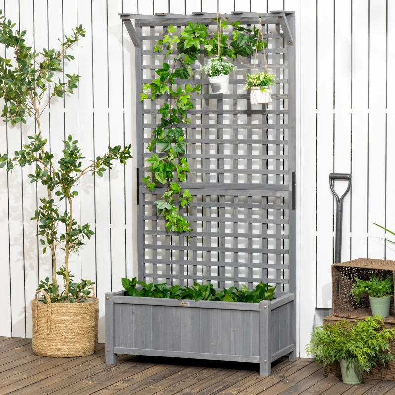 Wood Planter With Trellis For Vine Climbing, Raised Garden Bed, Privacy Screen For Backyard, Patio, Dark Gray