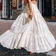 Heavy Industry Embroidery Western Style High Waist Skirt Elegant Swing - White - View 1