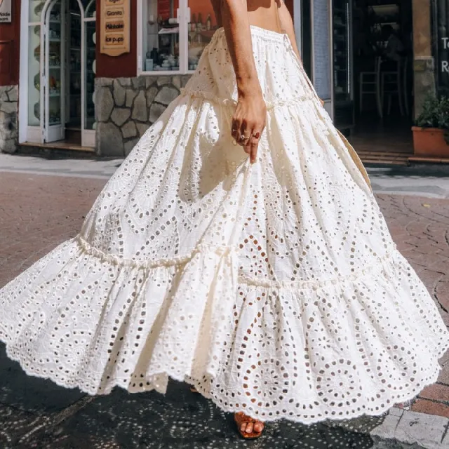 Heavy Industry Embroidery Western Style High Waist Skirt Elegant Swing White - Shop at LoveMi