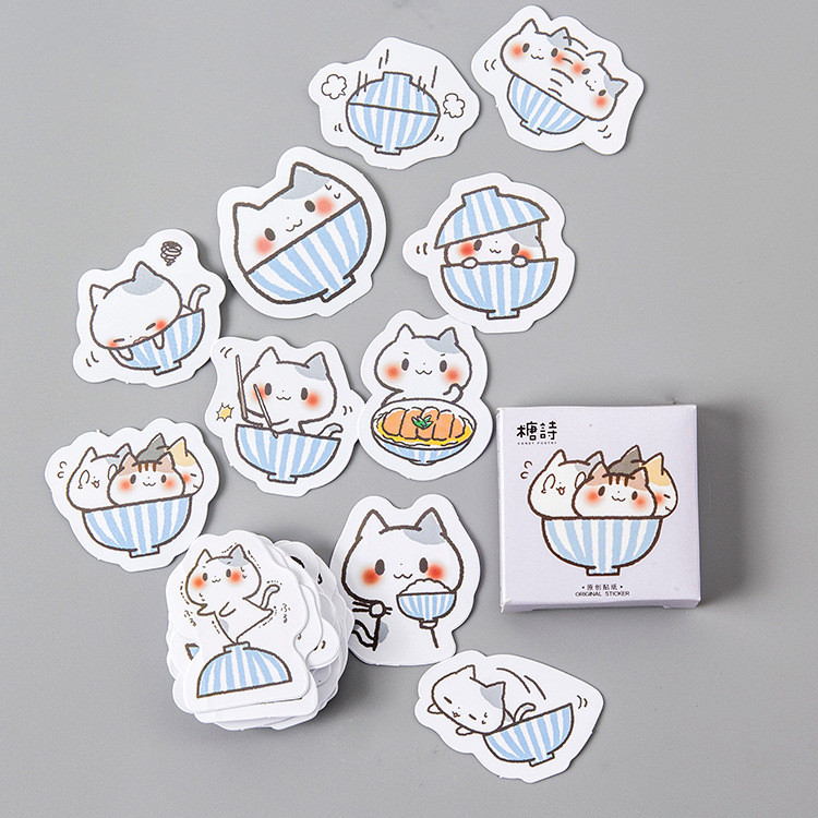 A Bowl of 50 Cat Stickers | Cat & Asian Food Themed