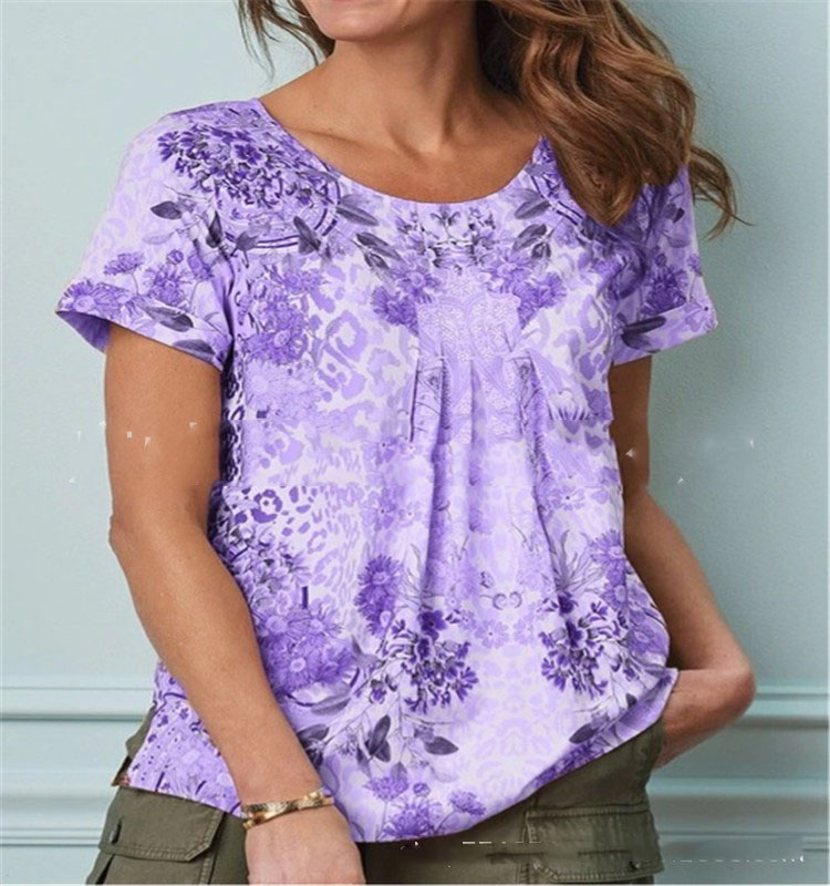 Title 1, Fashion Loose Print Round Neck Short Sleeves