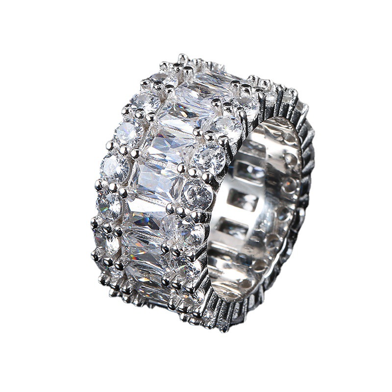 Hip Hop Bar Zircon Ring Copper Inlaid Three Row Baguette Diamond Tennis Chain Women's