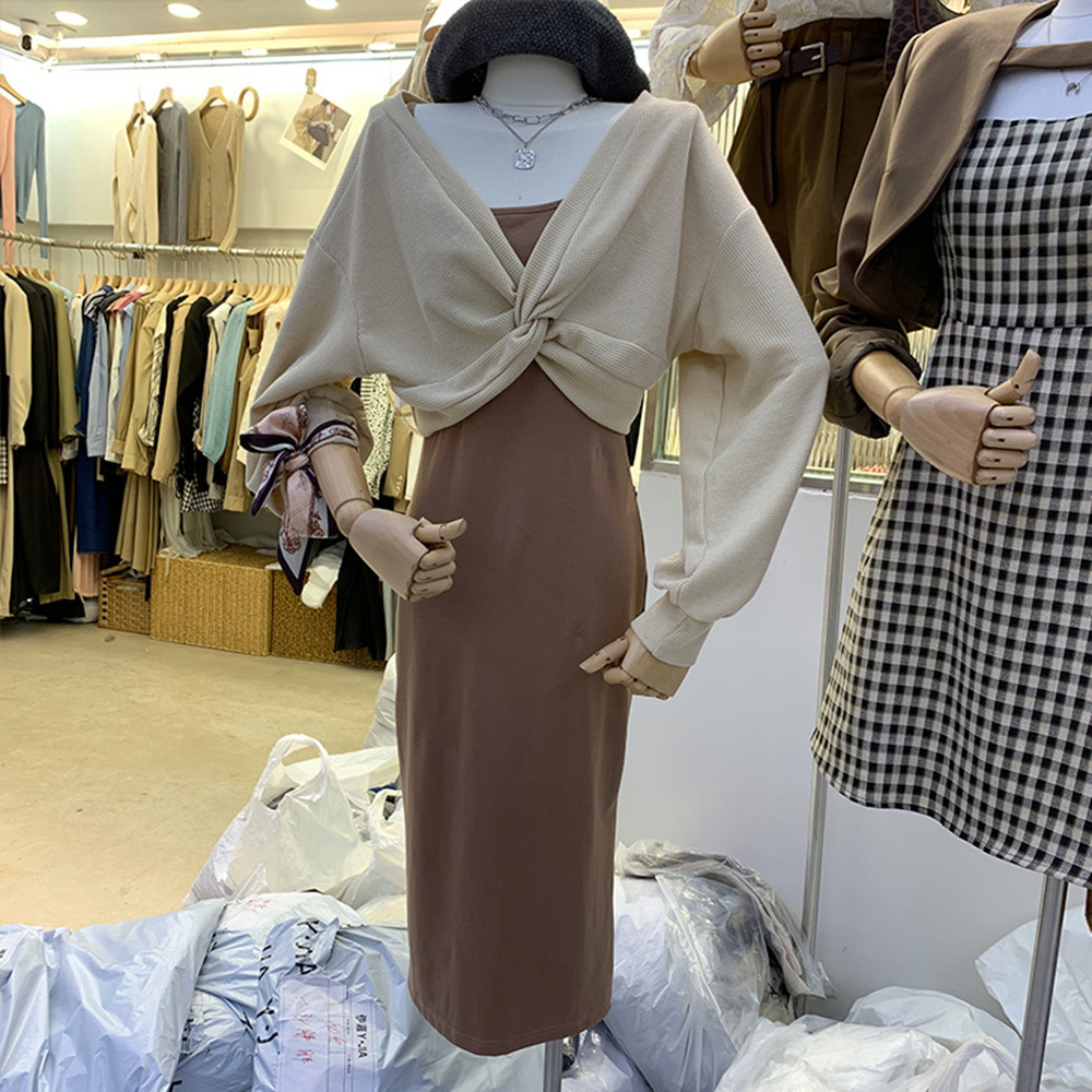 Fashion Suit Women's Knot Long Sleeve Top And Sling Dress