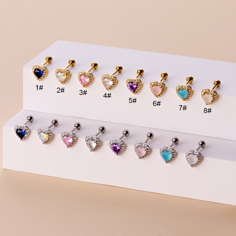 Colorful Zircon Heart Cartilage Stud Earrings