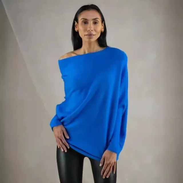 Solid Off shoulder Batwing Sleeve Sweater Fashion Round Neck Temperament Pullover Top Womens Clothing Blue - Shop at LoveMi