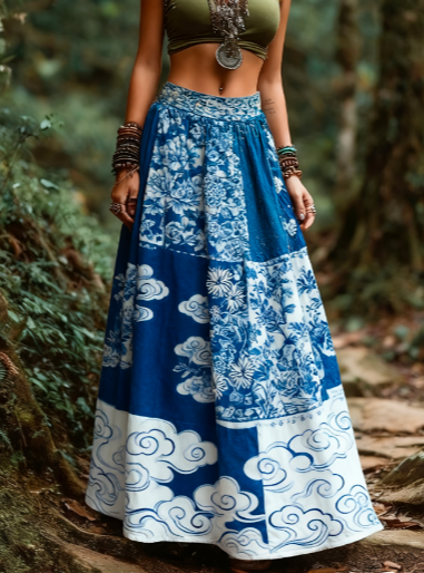 Bohemian Ethnic Style Patchwork Printed High-waist Flared Long Dress