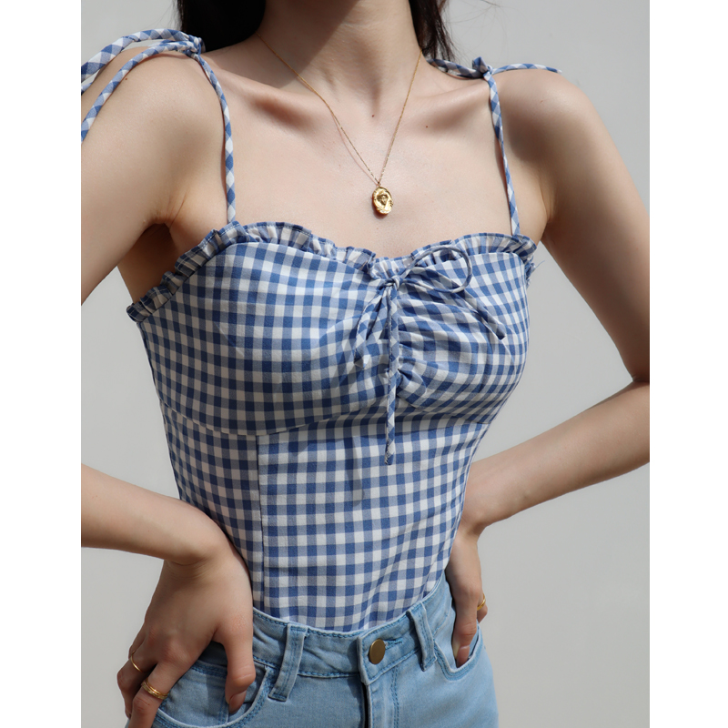 Girl Blue Plaid Fungus Side Camisole Women