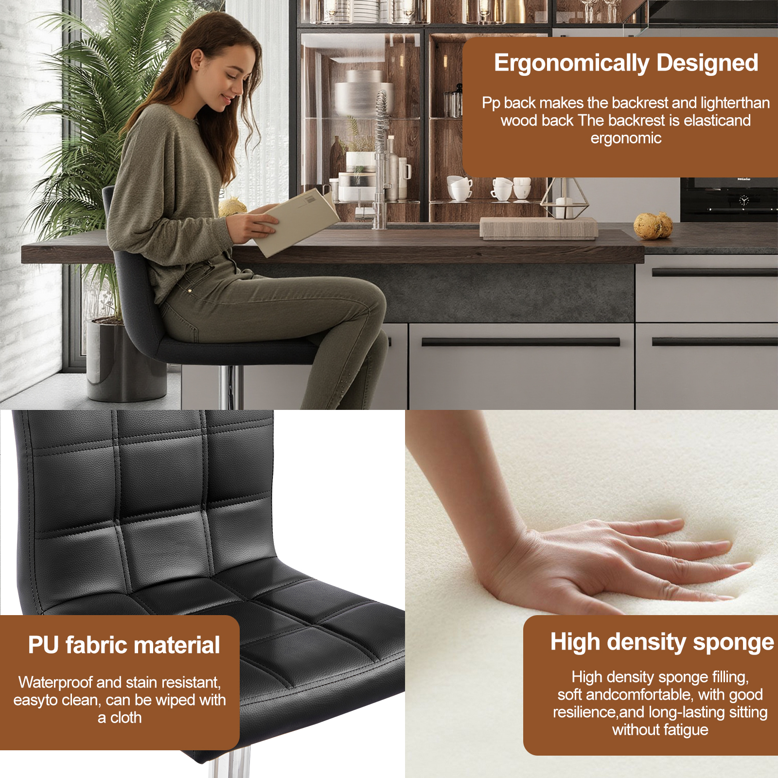 A Set Of 2 Bar Stools, PU Leather Height Rotatable Kitchen Stool, With Backrest