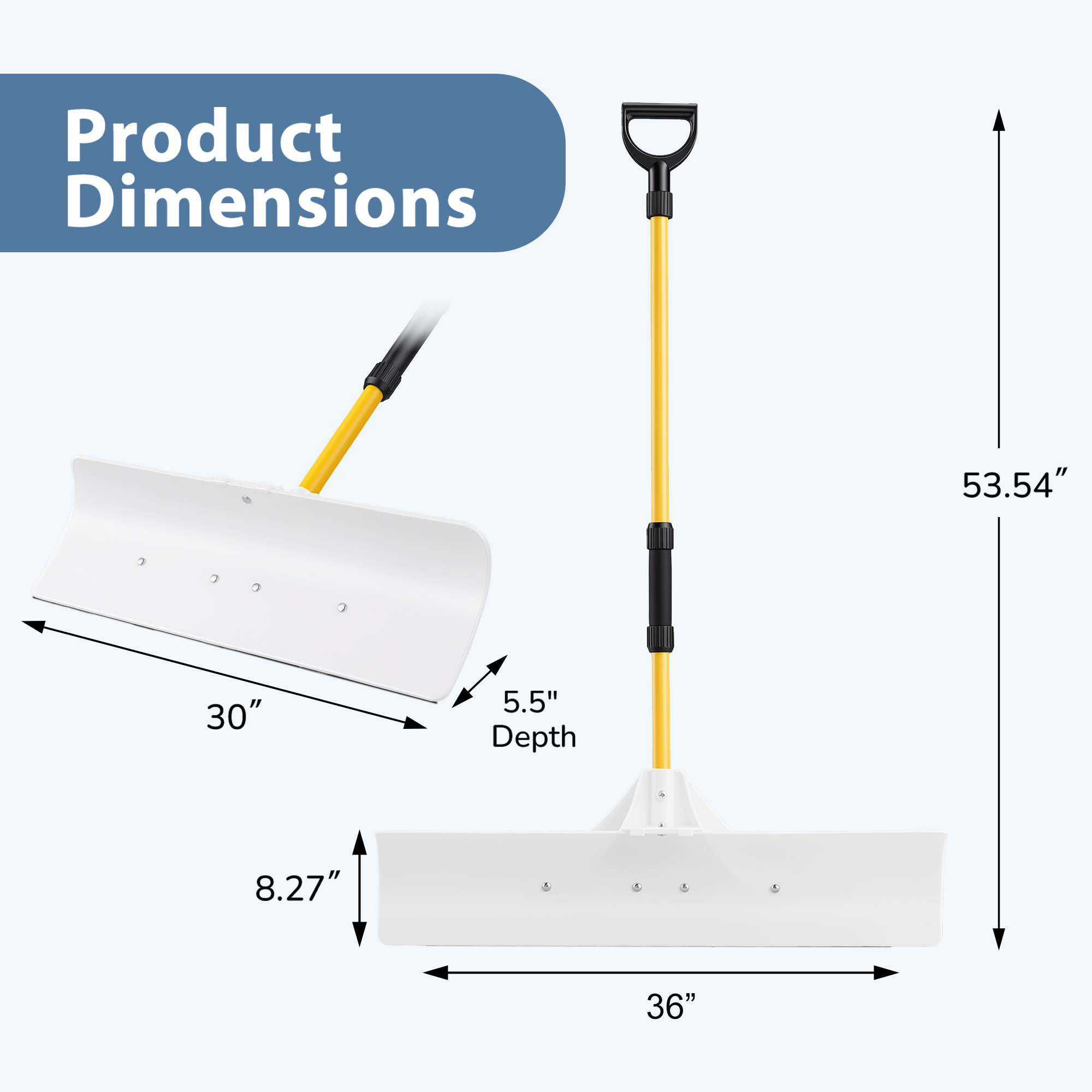 Snow Pusher Shovel With Handle, Wide Plastic Snow Removal Tool For Driveway, Sidewalk, Walkway,White image 2