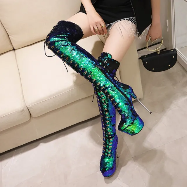 Super High Heels Stiletto Over the knee Boots Sequined Boots Green - Shop at LoveMi