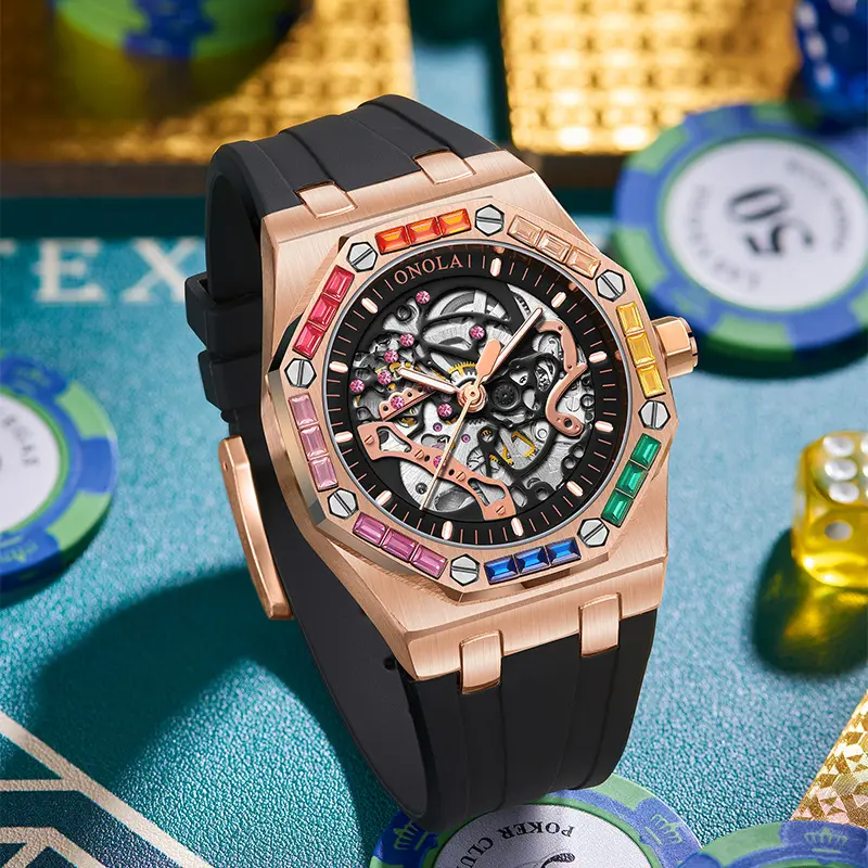 Men's Silicone Band Rainbow Diamond Automatic Mechanical