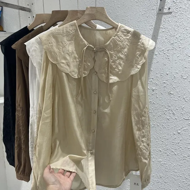 Doll Collar Laced Buttons Solid Color Long sleeved Shirt Female Khaki - Shop at LoveMi