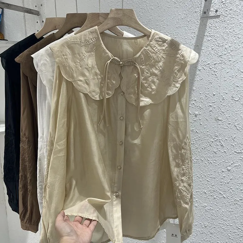 Doll Collar Laced Buttons Solid Color Long-sleeved Shirt Female - Khaki