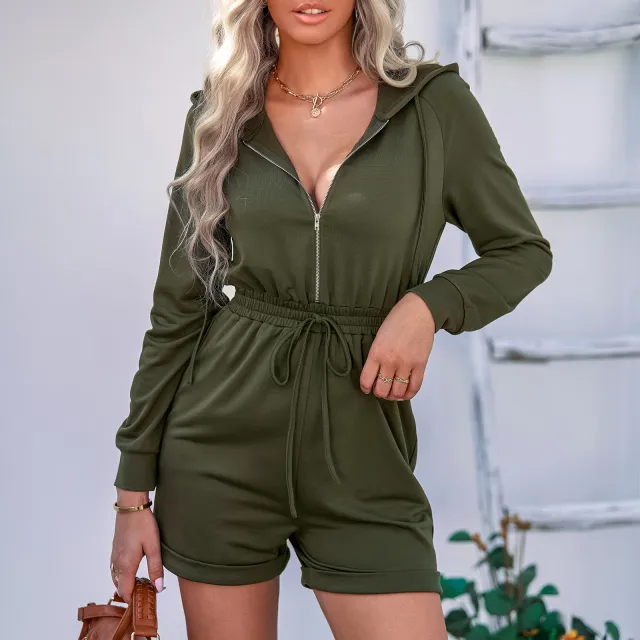 Women's Slim Fit Hooded Long sleeve One piece Shorts Army Green - Shop at LoveMi