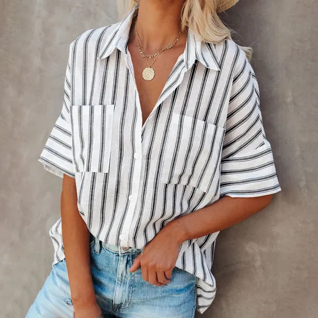 Women's Striped Lapel Short Sleeve Cardigan Single Breasted Casual Shirt Pattern One - Shop at LoveMi