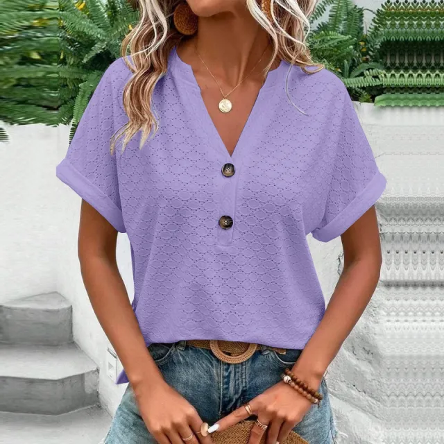 Women's Casual V Neck Blouse Short Sleeve Loose Fit Button Front Solid Color Top Purple - Shop at LoveMi
