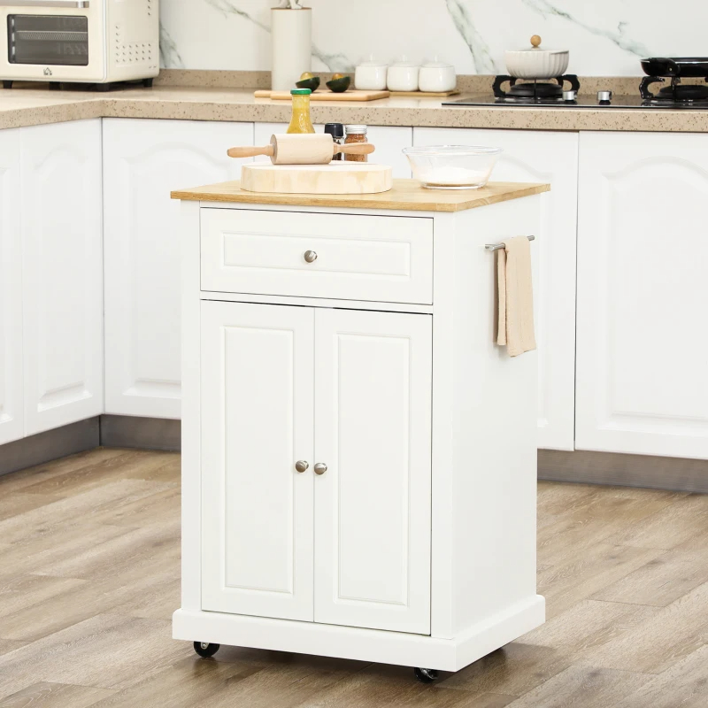 Rolling Kitchen Island Cart, Portable Serving Trolley Table With Drawer, Adjustable Shelf And 2 Towel Racks, Cream White