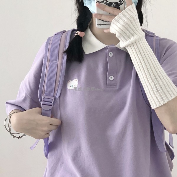 Love Color Matching Bear Embroidery Loose Short Sleeves Purple - Shop at LoveMi