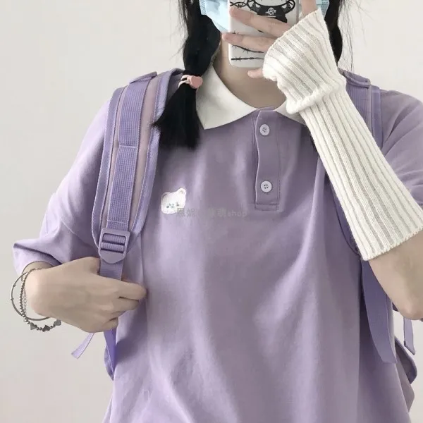 Love Color Matching Bear Embroidery Loose Short Sleeves Purple - Shop at LoveMi