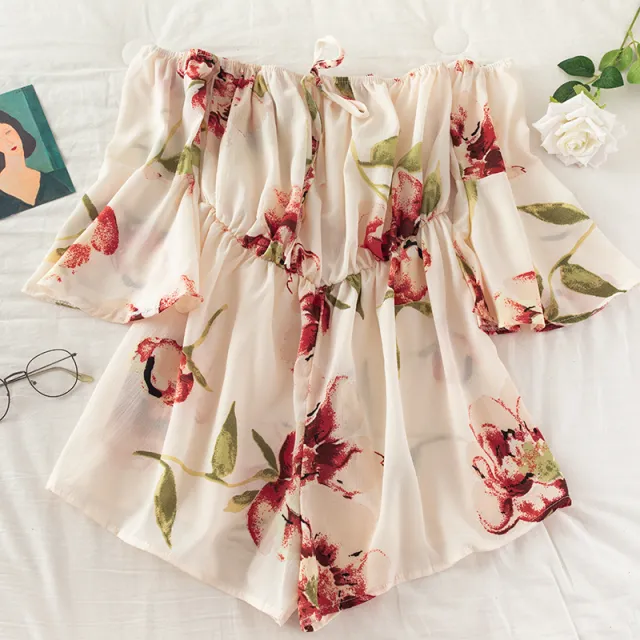 Off the shoulder Tie flare sleeve Floral print Jumpsuit Apricot - Shop at LoveMi