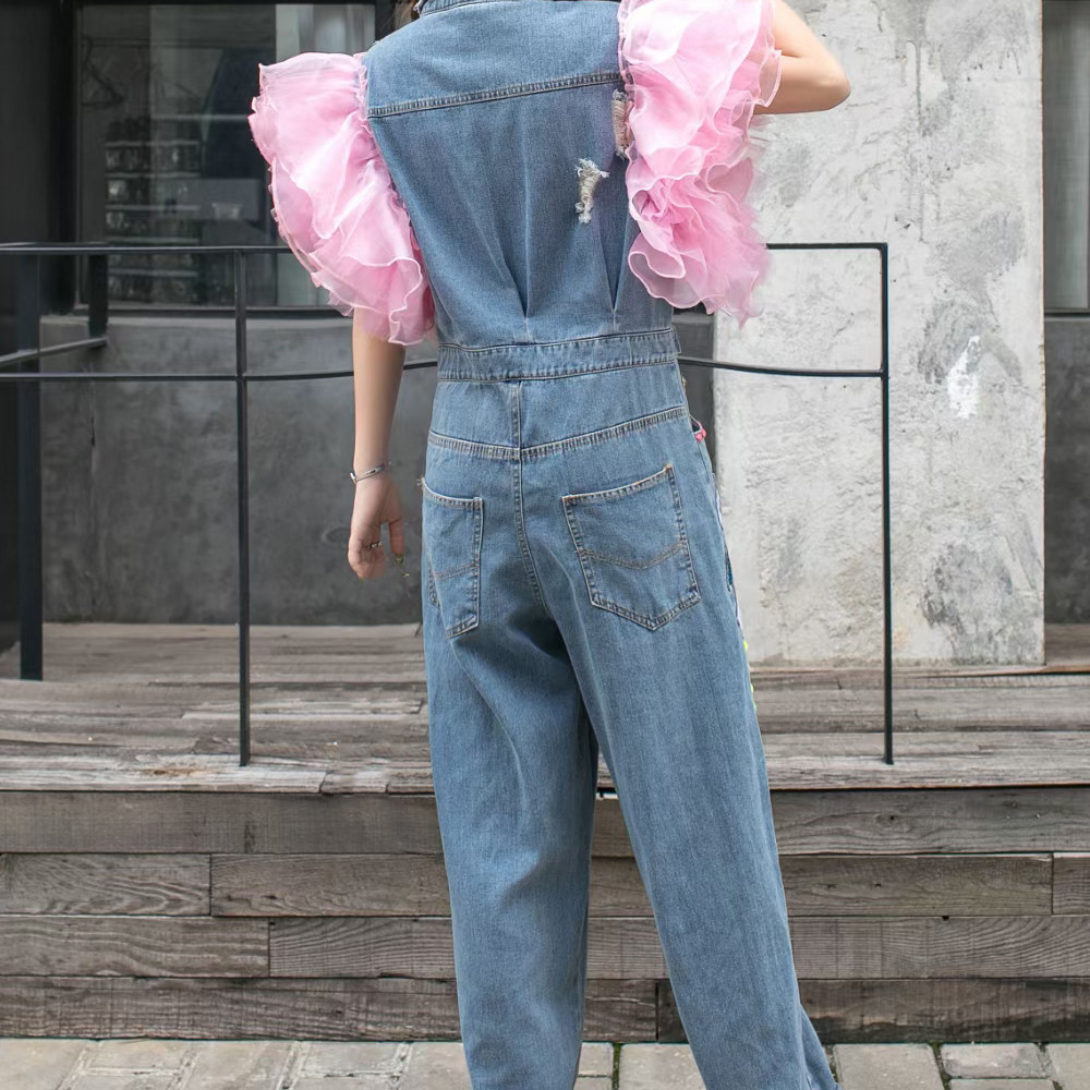 Sequin Flower Rhinestone With Mesh Flying Sleeve Denim Jumpsuit - Image 2