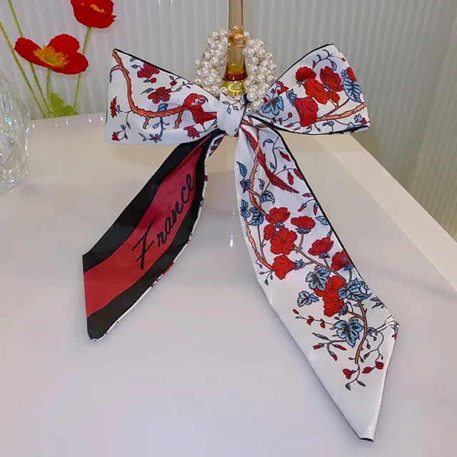 Pearl Head Rope Ribbon Silk Scarf Headband Wine Red Flower Language - Shop at LoveMi