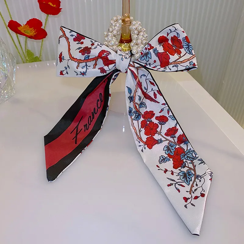 Pearl Head Rope Ribbon Silk Scarf Headband - Wine Red Flower Language