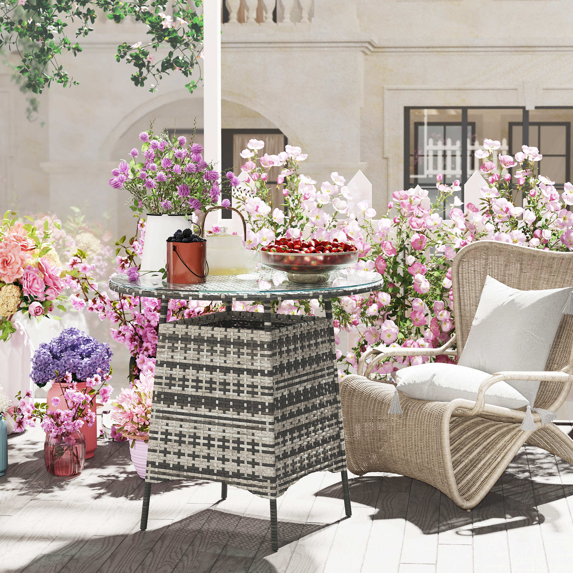 Vine Woven Garden Table, Outdoor Furniture Coffee With Umbrella Hole — image 6