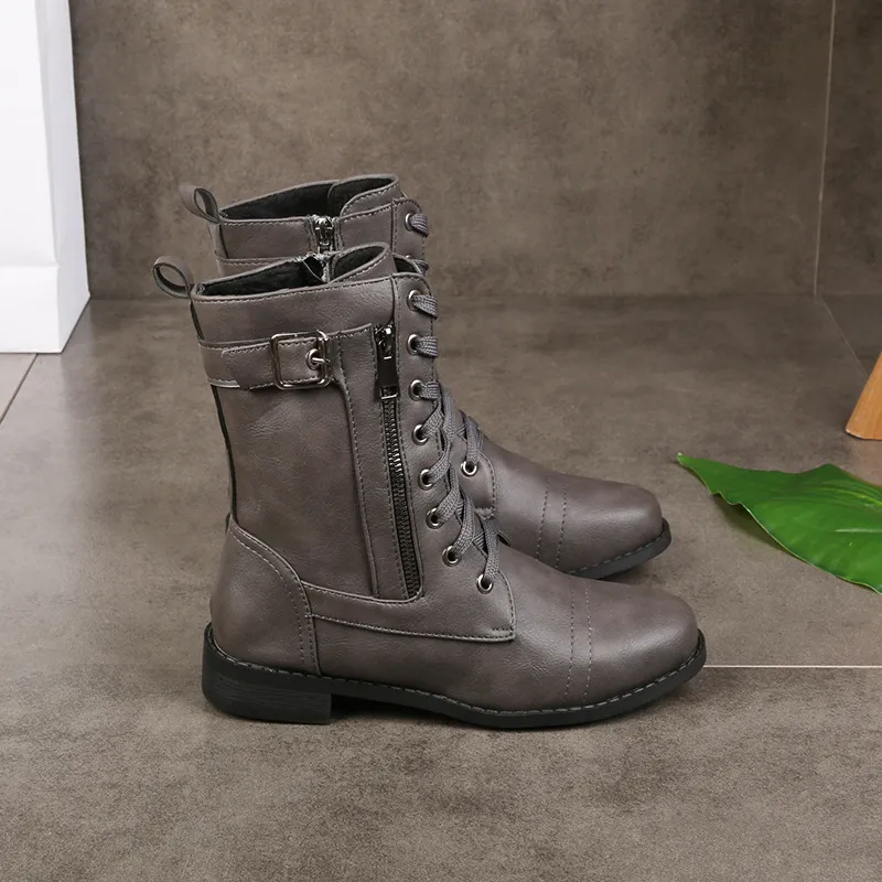 Women's Plus Size European And American Flat Low-heeled Boots - Grey