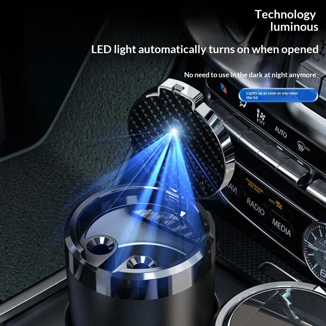 Car Ashtray, Ceramic Liner, Fireproof, Auto-open Lid, LED, Detachable