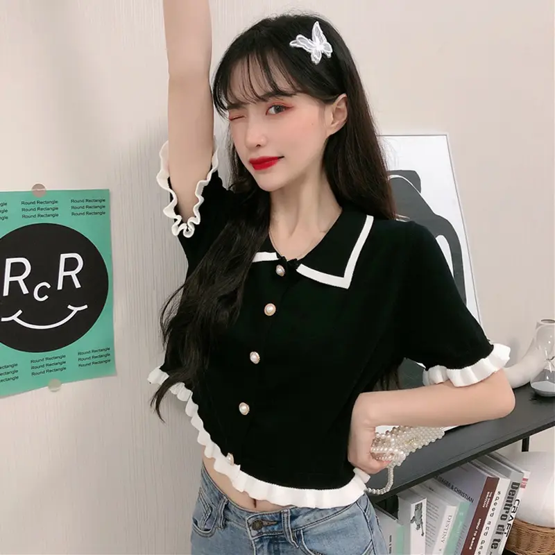 Summer Clothes Knitted Doll Collar Crop Top