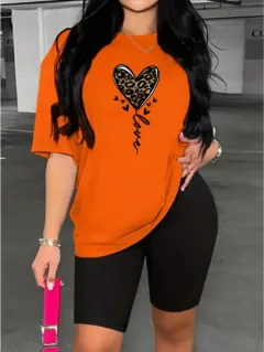 Leopard Print Casual Two-piece Set, Crew Neck Short-sleeved T-shirt And Tight Shorts - Orange - View 1