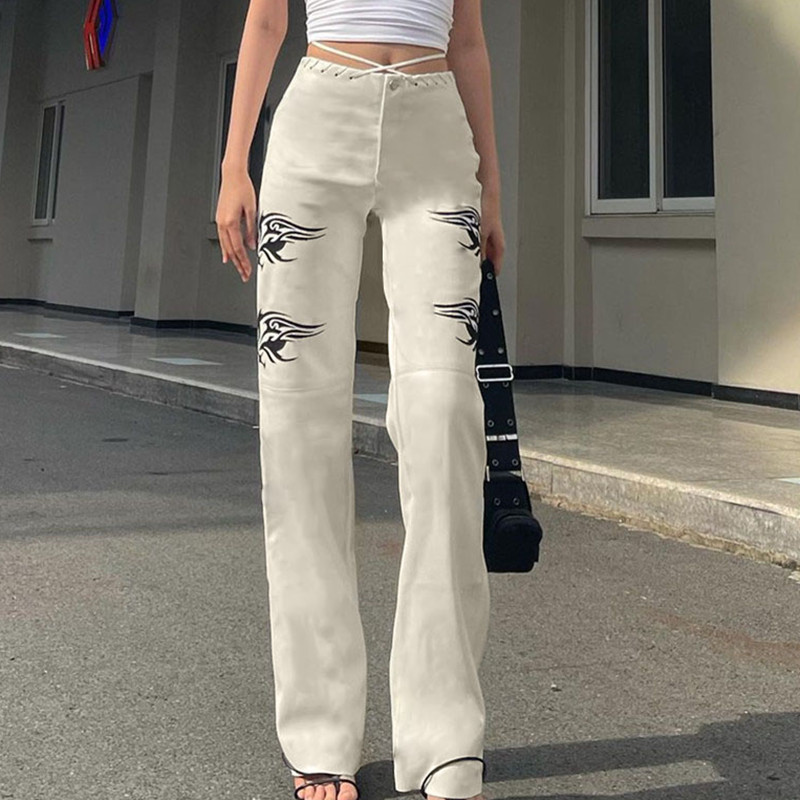 Title 4, High-waisted Cross-lace Fashion Printed Trousers