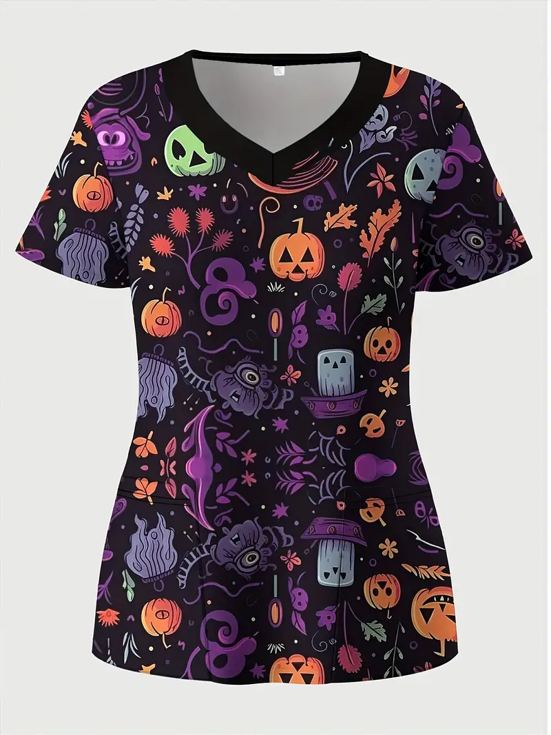 Plus Size Women's Vibrant Print Scrub Top Casual V-Neck Short Sleeve