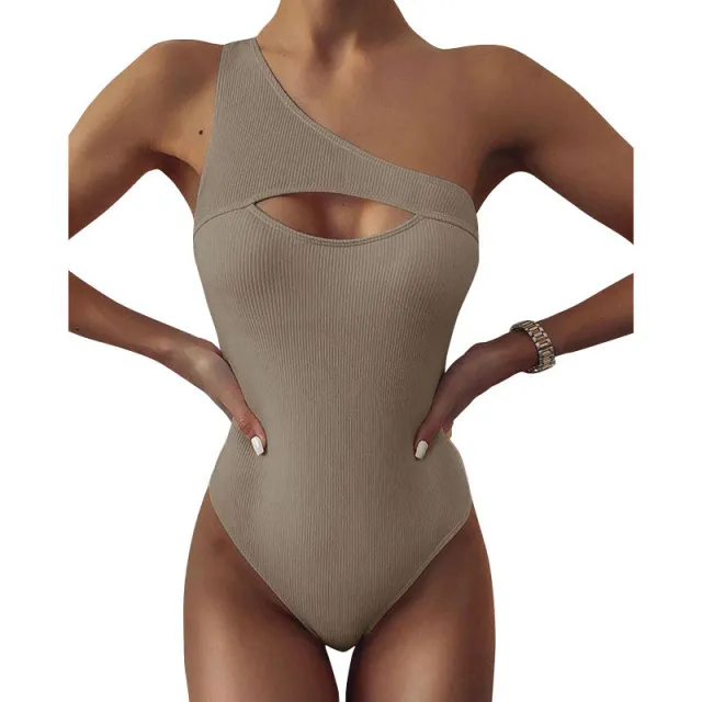 New Bikini Solid Color One shoulder One piece Swimsuit Women Khaki - Shop at LoveMi
