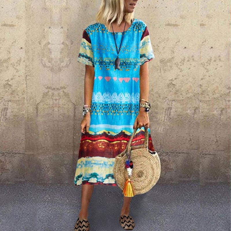 Retro Contrast Print Short-sleeved Round Neck Long Dress