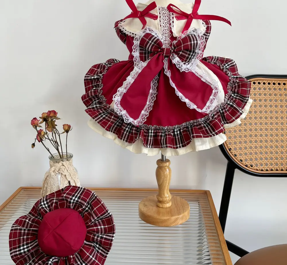 Princess Lolita Dress with Pet Bow Plaid Lace