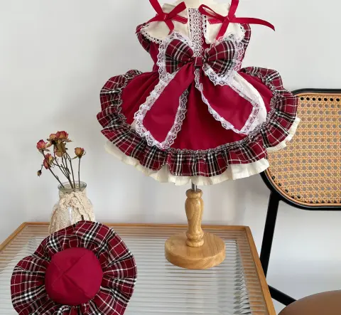 Princess Lolita Dress with Pet Bow Plaid Lace