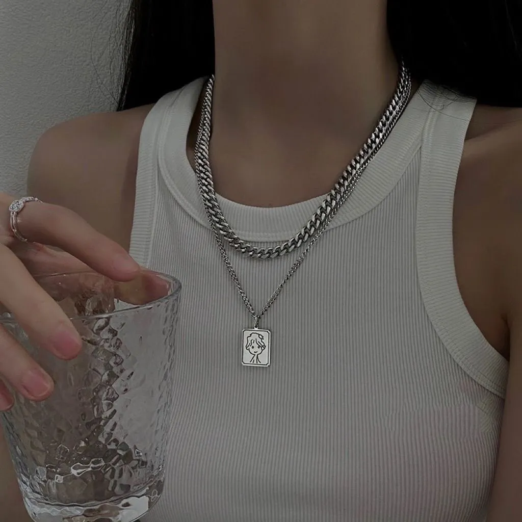 1pcs Double Layer Cuban Chain Vintage Portrait Square Tag Necklace, Minimalist Ins Hip Hop Style, For Men Women Daily Street Wear & Couple Holiday Gifts