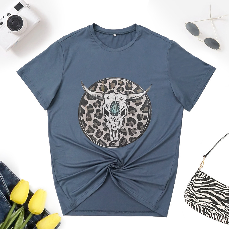 Title 5, Womens Solid Leopard Print Round Neck T-shirt ...