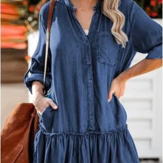 V neck Panel Loose Breasted Denim Skirt Blue - Shop at LoveMi