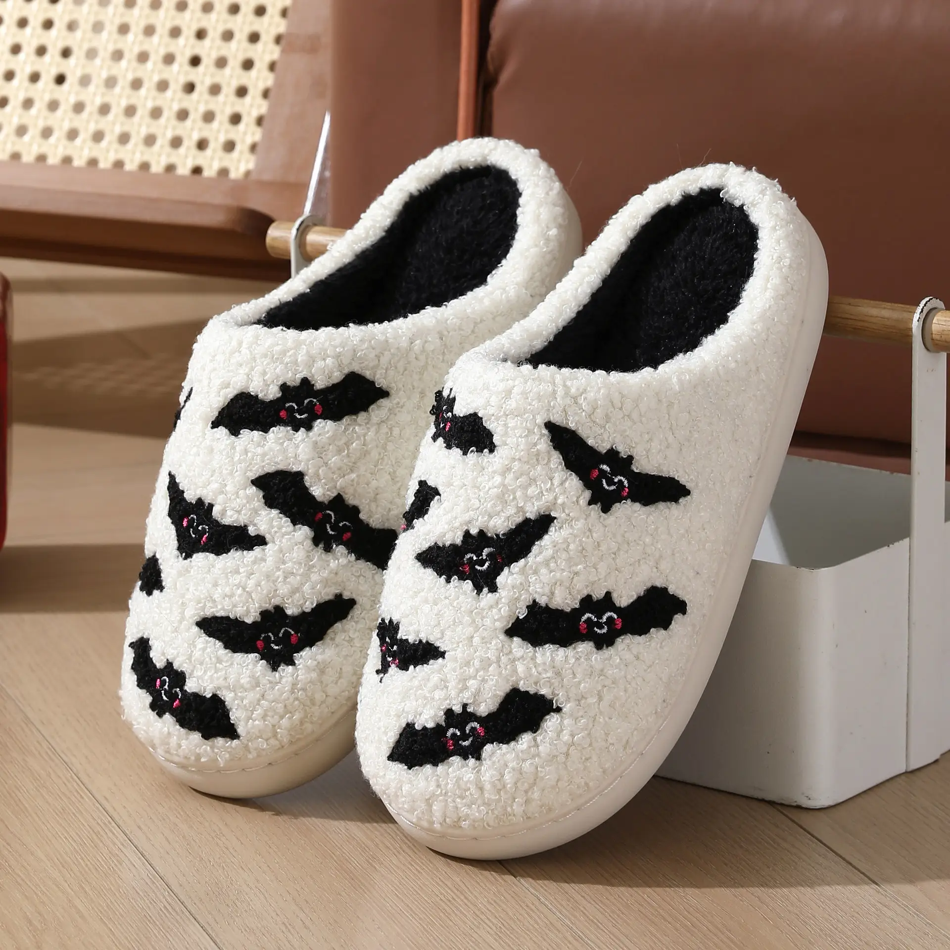 Halloween Plush Slippers with Skull and Bat Designs — 7Bats, 36to37